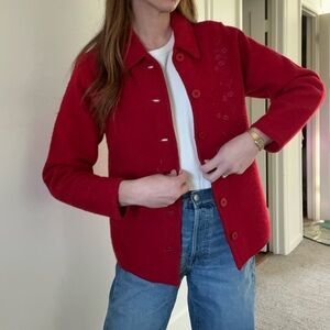 Vintage Boiled Wool Red Embroidered Cardigan Lisa International Small Floral
